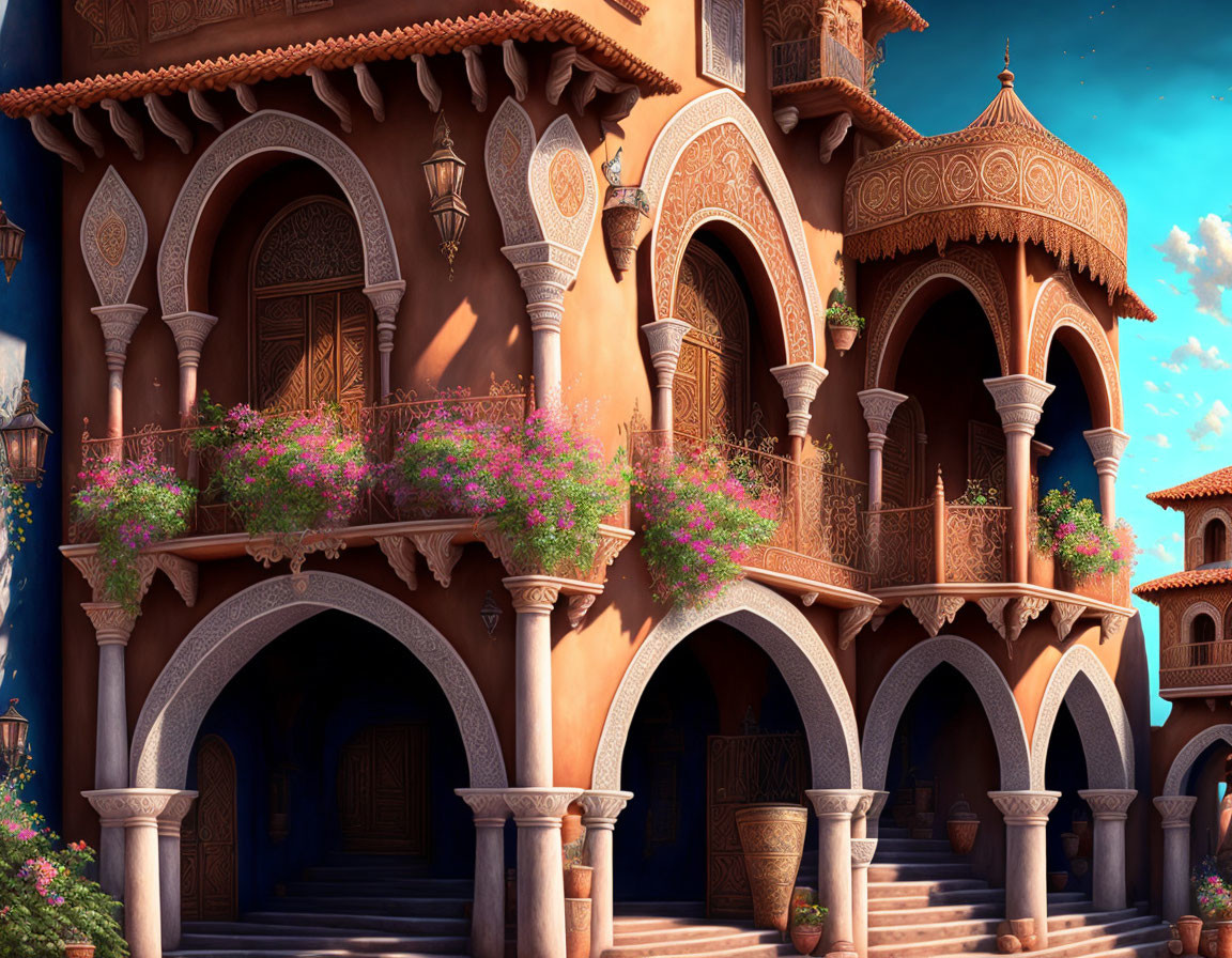 Detailed Animated Palace with Middle Eastern Architecture and Pink Flowers