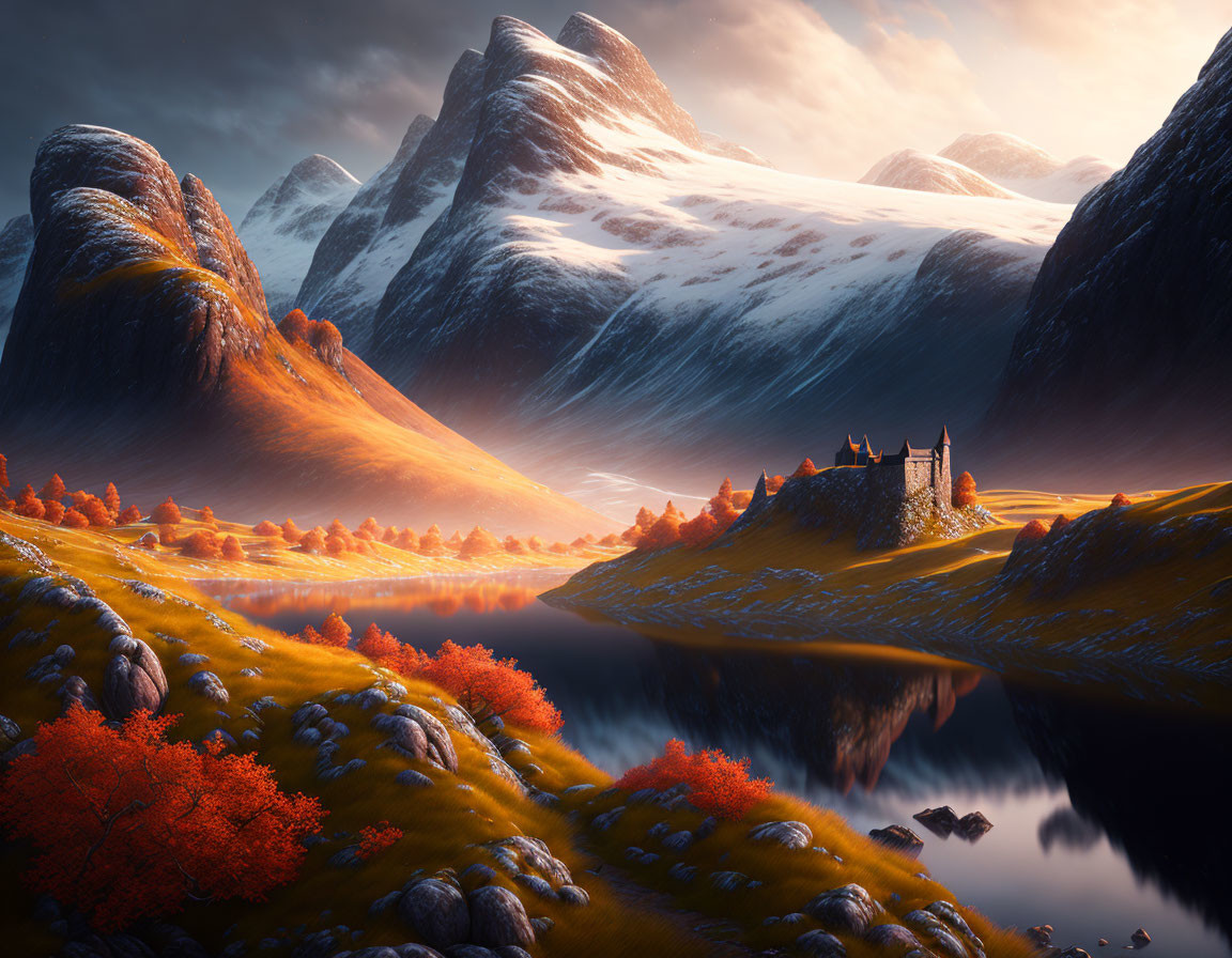 Scenic sunrise over lush valley with castle, lake, mountains, and autumn trees