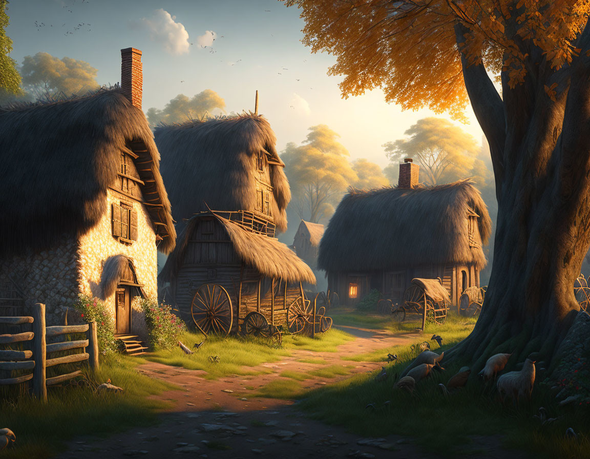 Rustic village scene: thatched cottages, dirt road, grazing sheep, golden sunset light