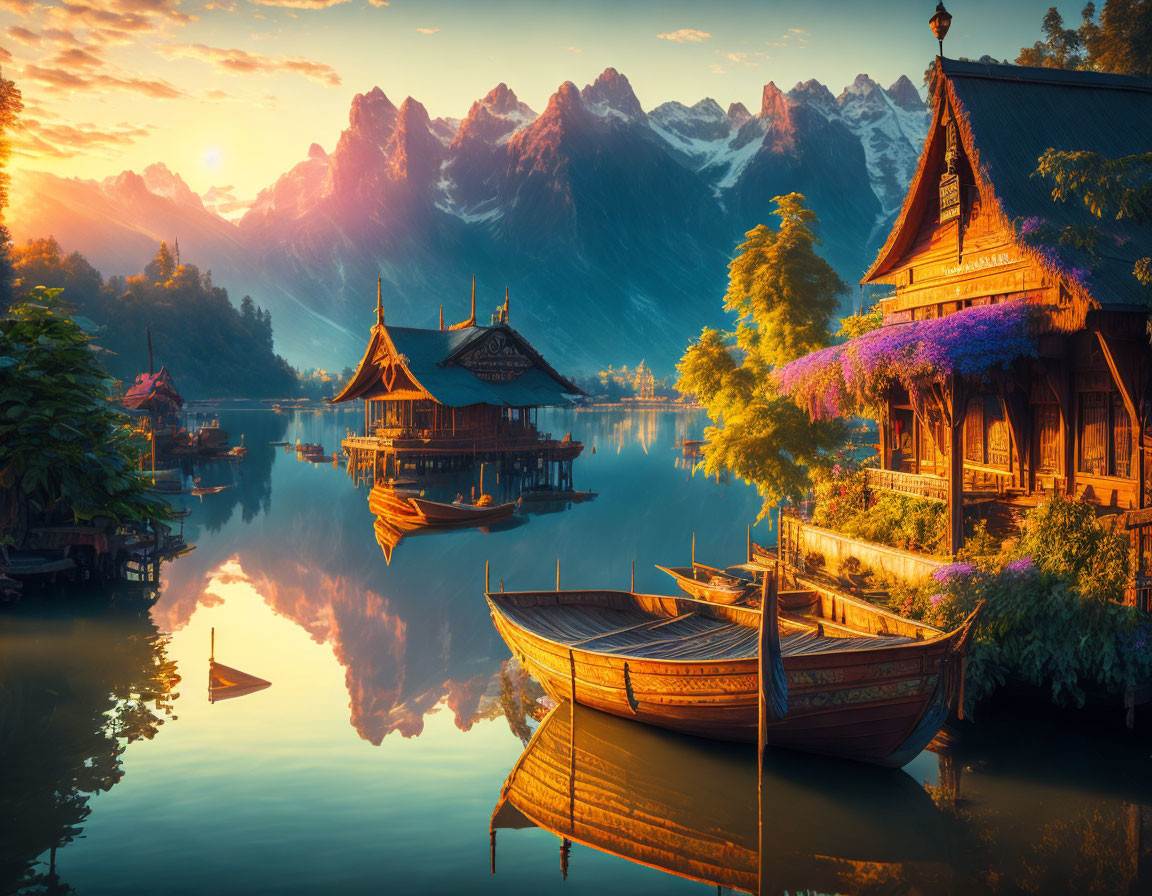 Traditional wooden houses and boats on serene lake with majestic mountains at sunrise