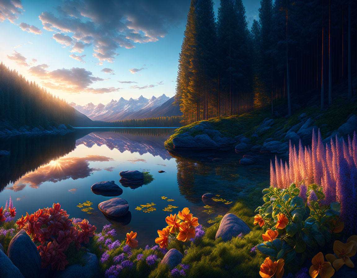 Scenic sunset lake with flowers, pine trees, and mountains