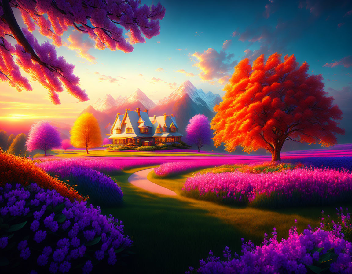 Vibrant landscape with cottage, purple flowers, orange trees, and mountains