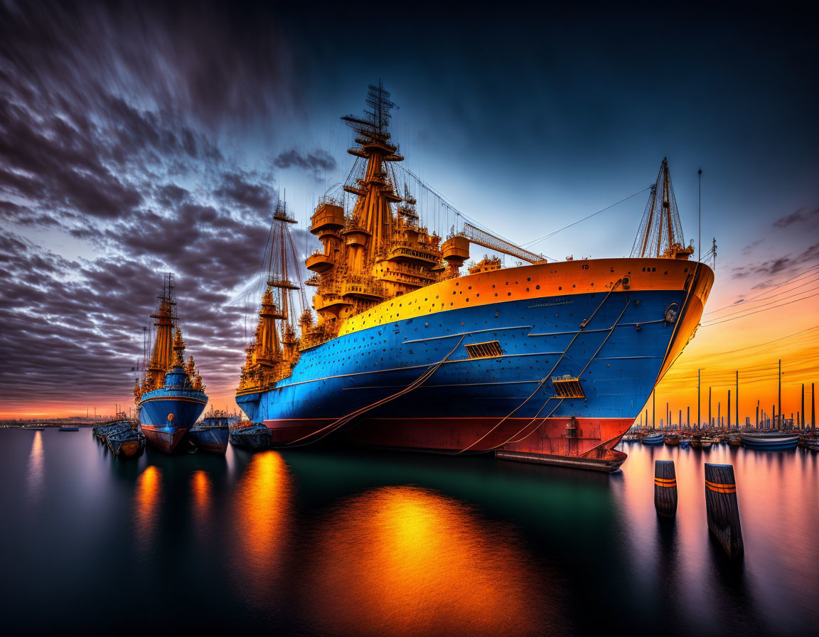 Dramatic navy ships at sunset with reflective clouds