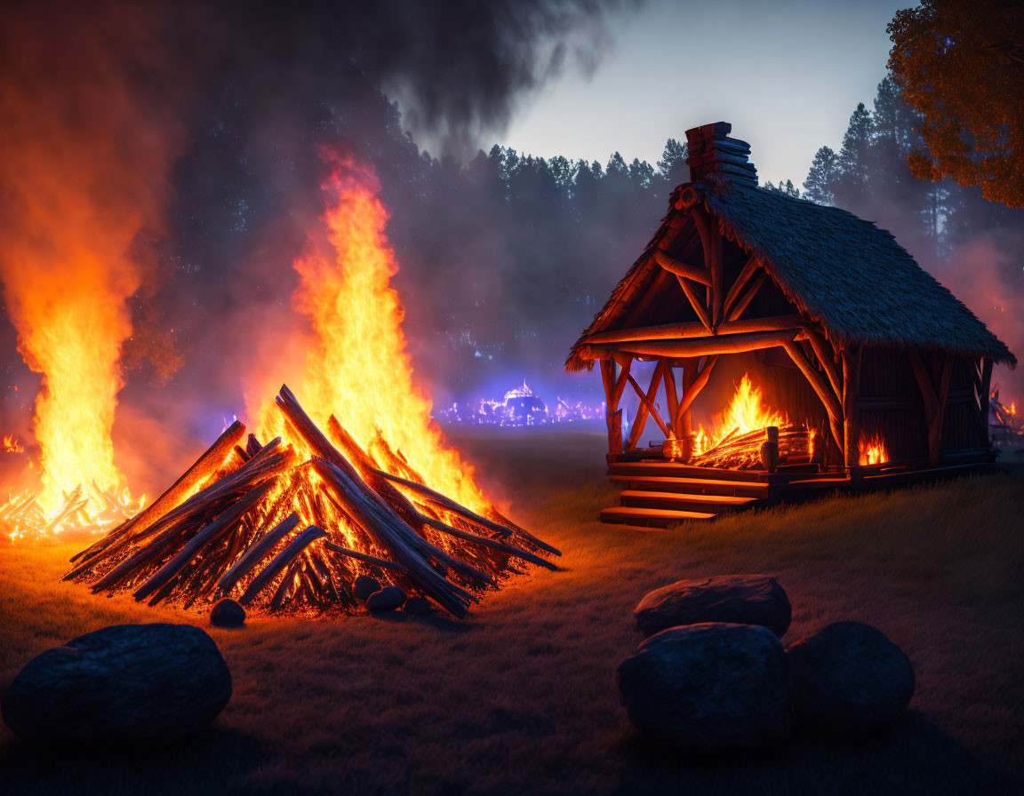 Traditional wooden hut near blazing bonfire in dark forest