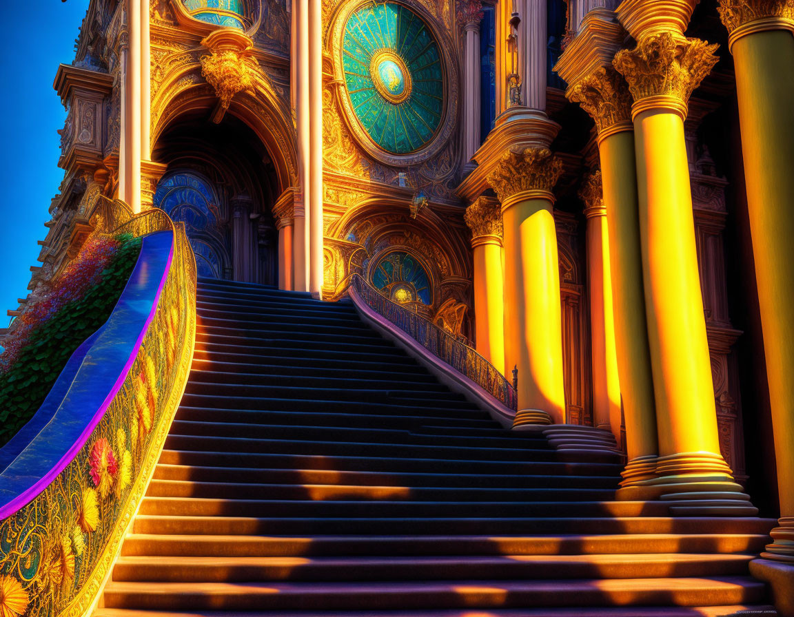 Grand staircase with ornate golden details and blue clock on facade