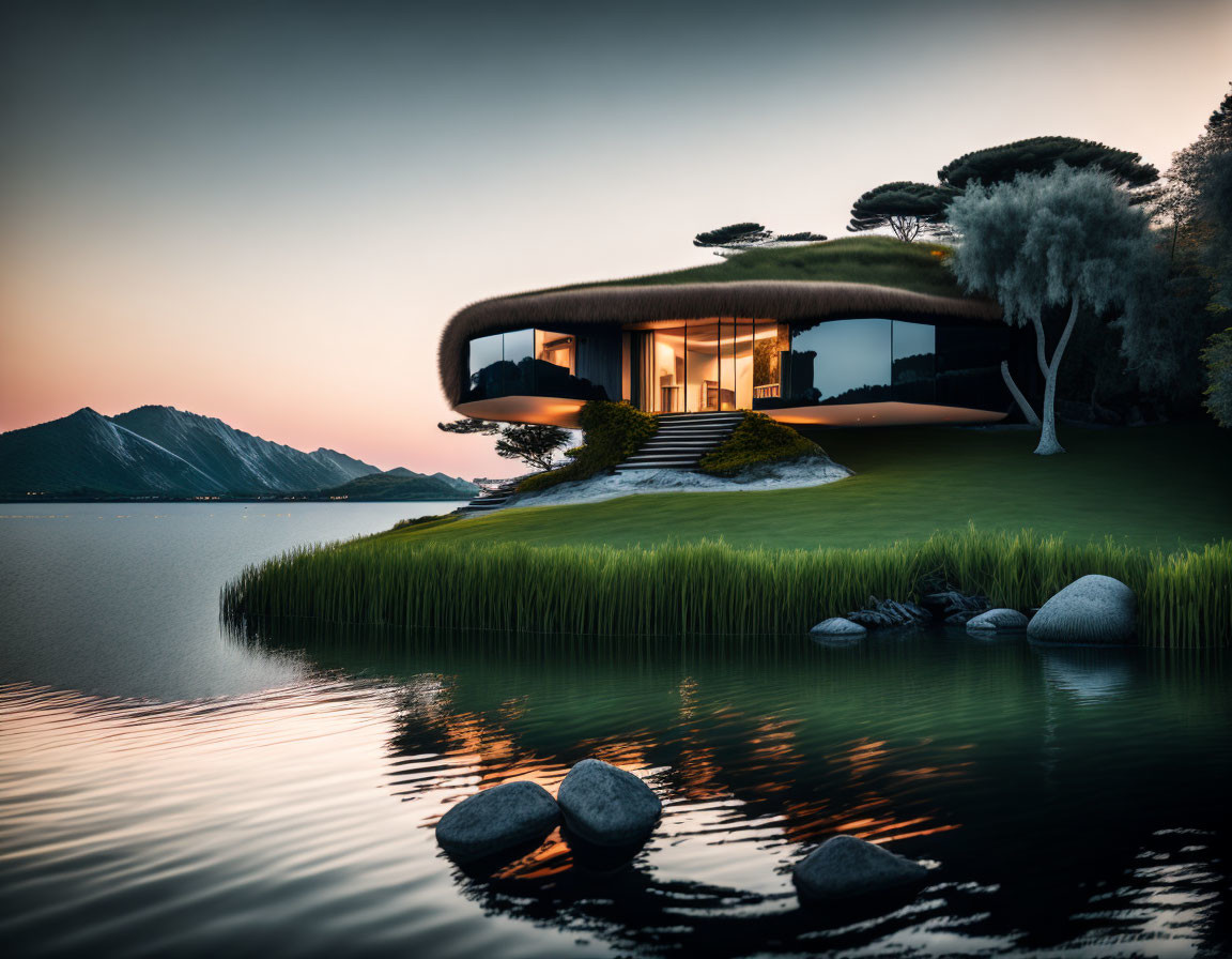 Futuristic curvilinear house on lakeshore at dusk