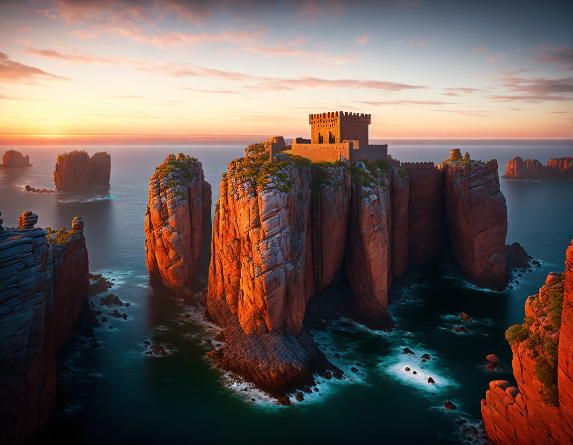 Ancient castle on seaside cliffs at sunrise