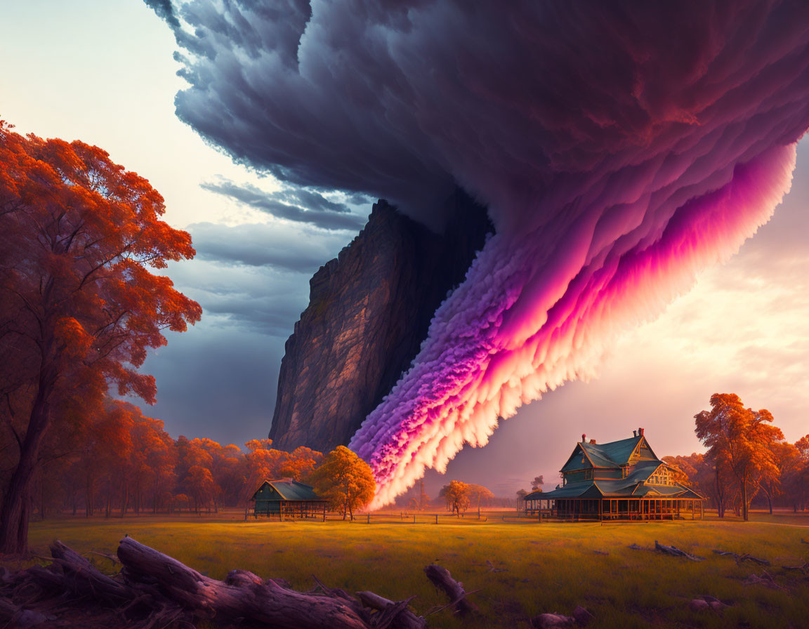 Surreal landscape with massive cliff, house under orange tree, and colorful cloud formation