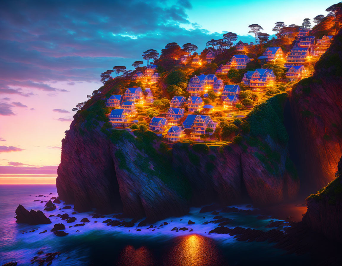 Cliffside village at sunset overlooking tranquil sea