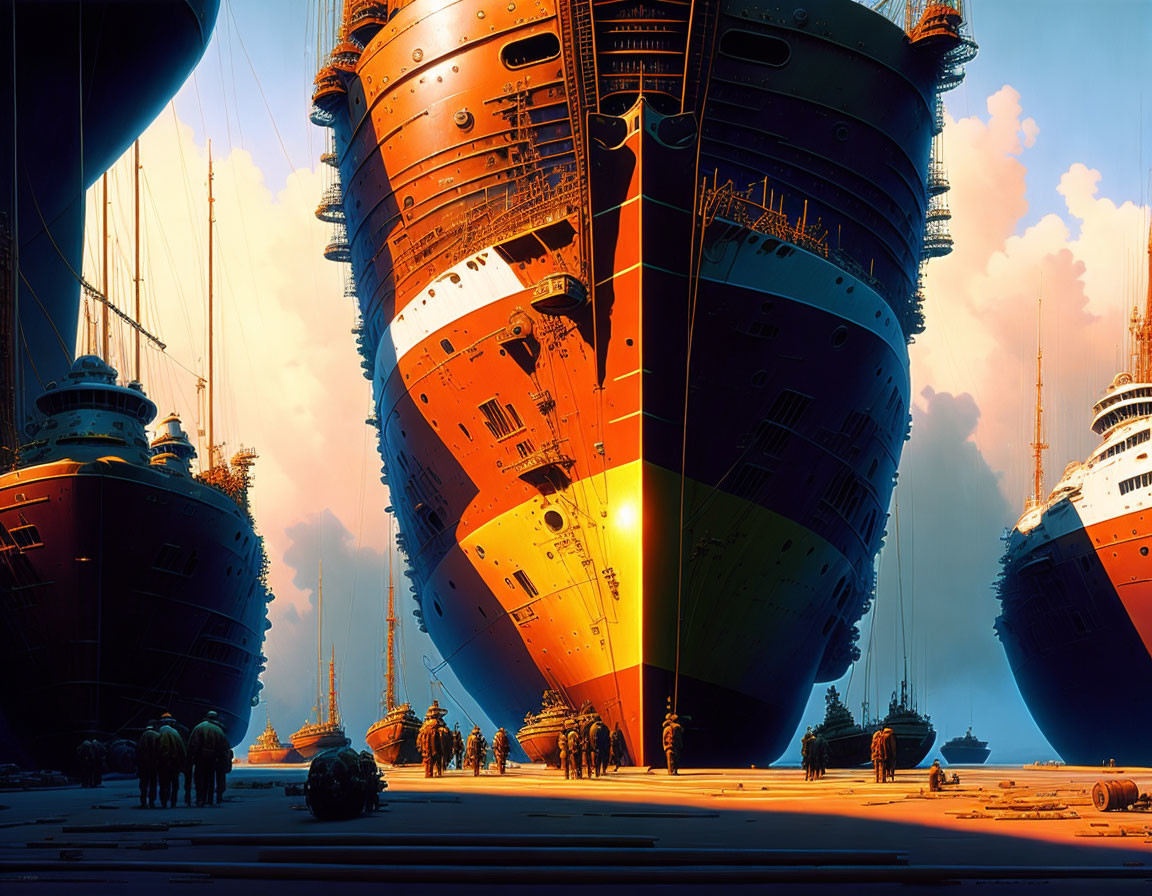 Futuristic dockyard with towering sphere-like ships at sunset