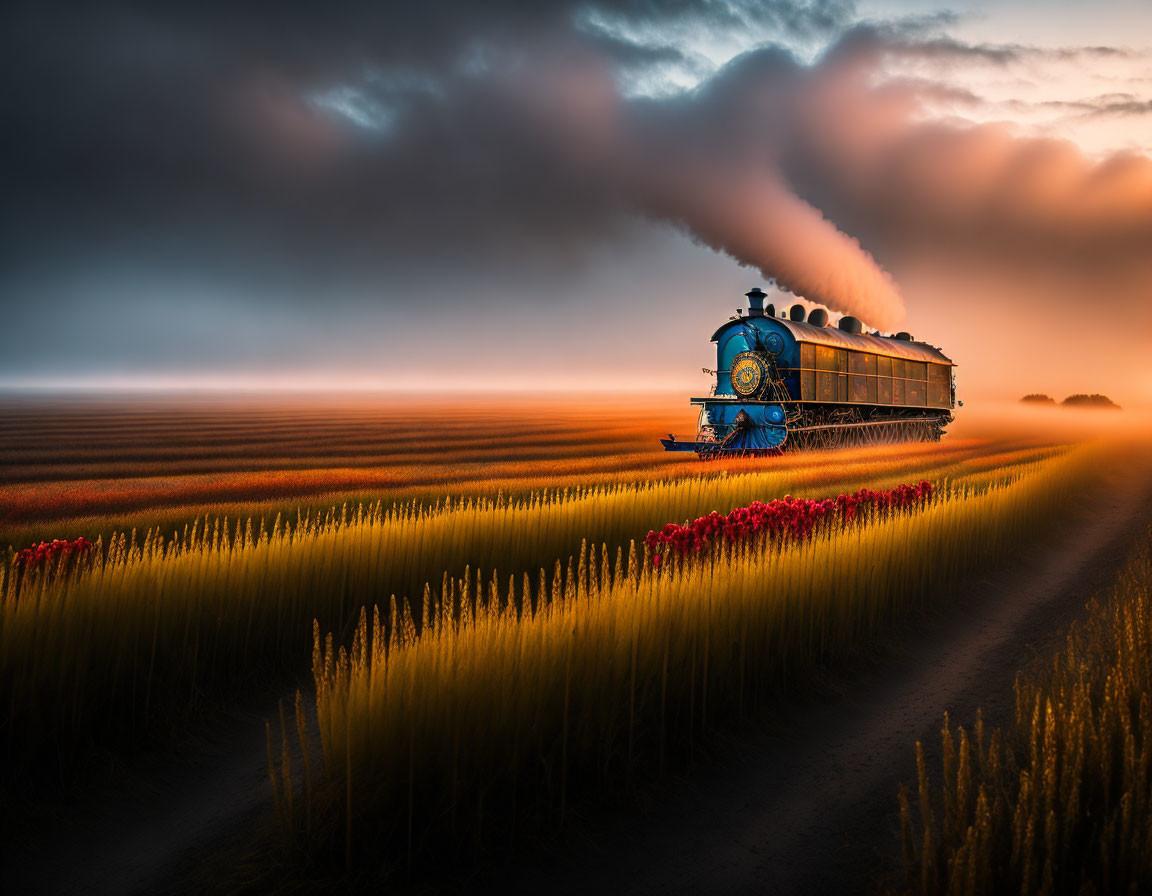 Scenic vintage steam locomotive in sunset fields with golden light and vibrant red flowers