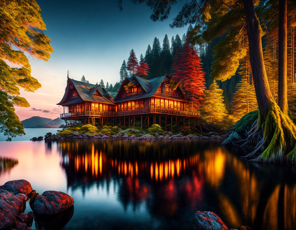 Tranquil lakeside scene with wooden house, colorful trees, and vibrant sunset.