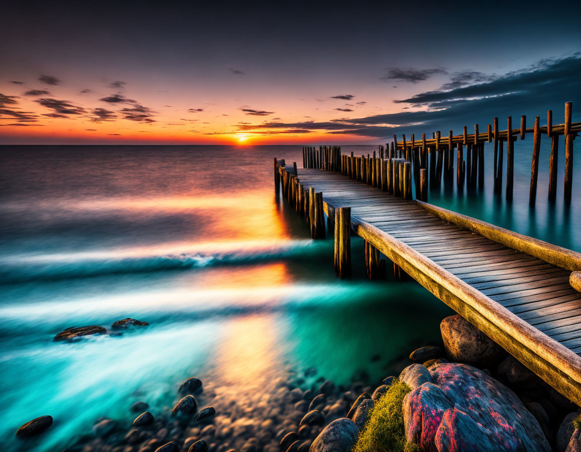 Scenic wooden pier over calm sea with sunset sky