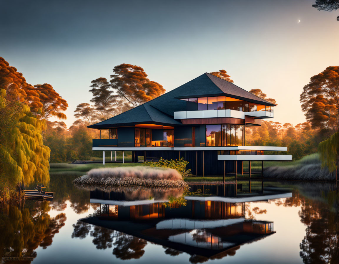 Contemporary two-story house with large windows, cantilevered design, and serene lake reflection.