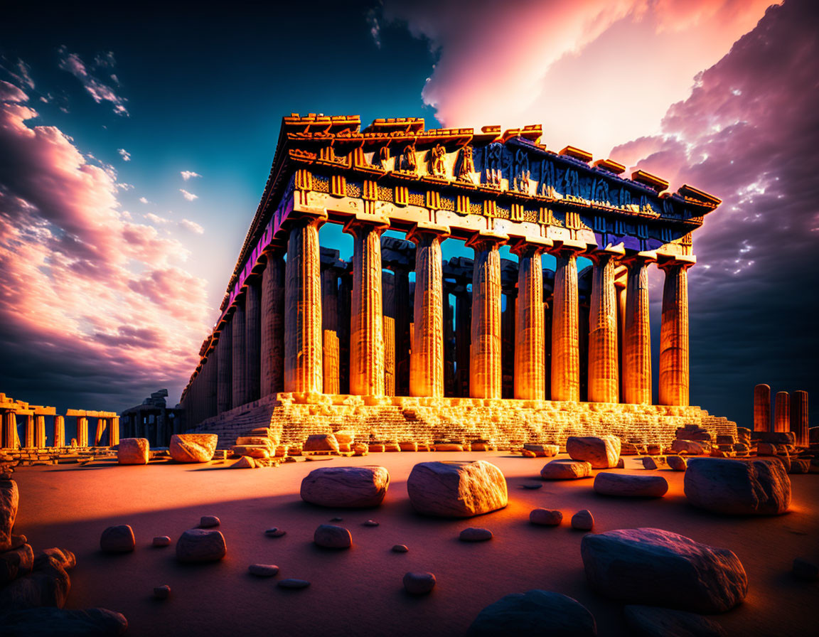 Ancient Parthenon at sunset with warm light on columns