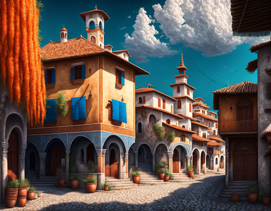 European cobblestone street with terracotta-roofed buildings and blue shutters