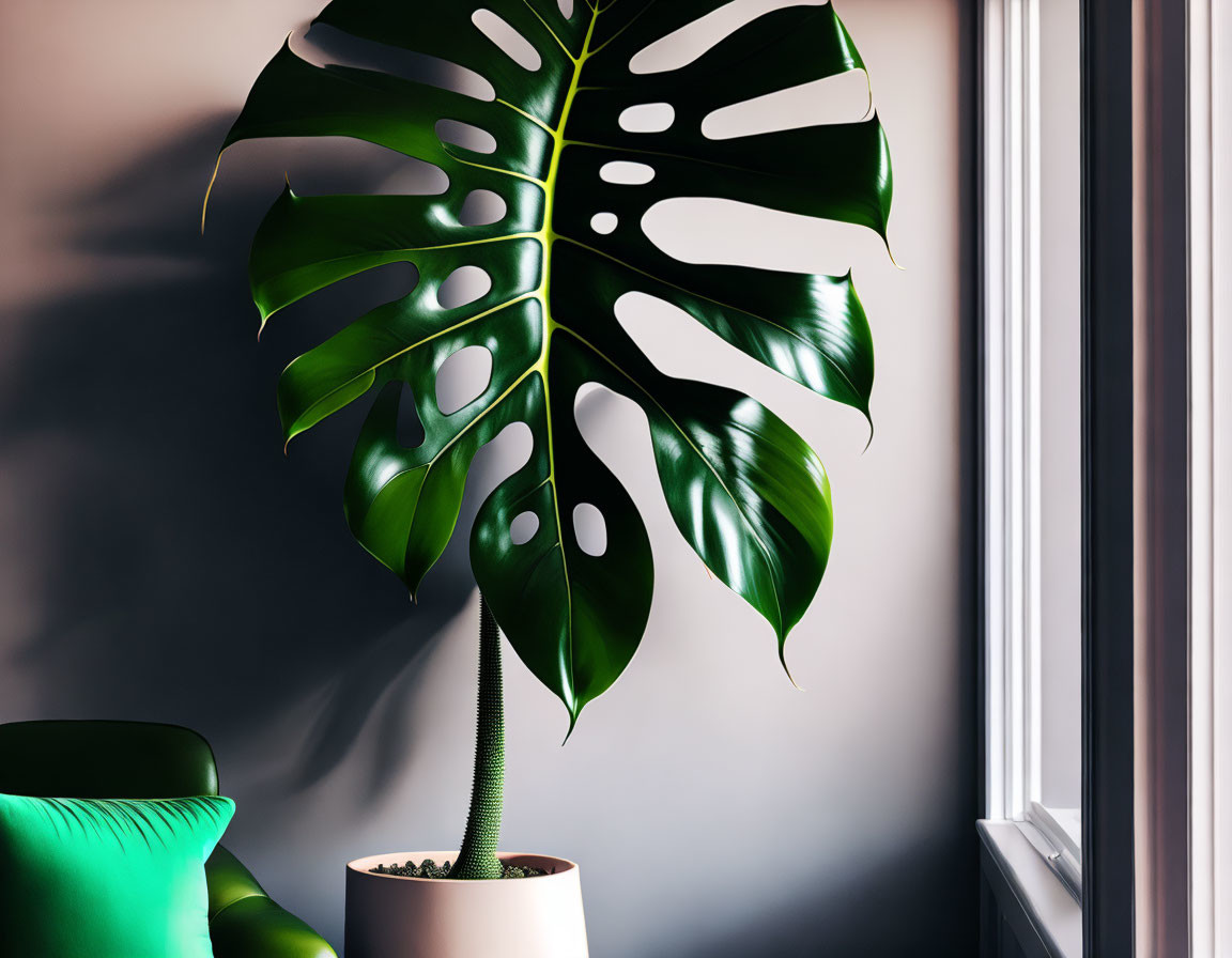 Indoor potted plant with monstera leaf beside window and green cushion