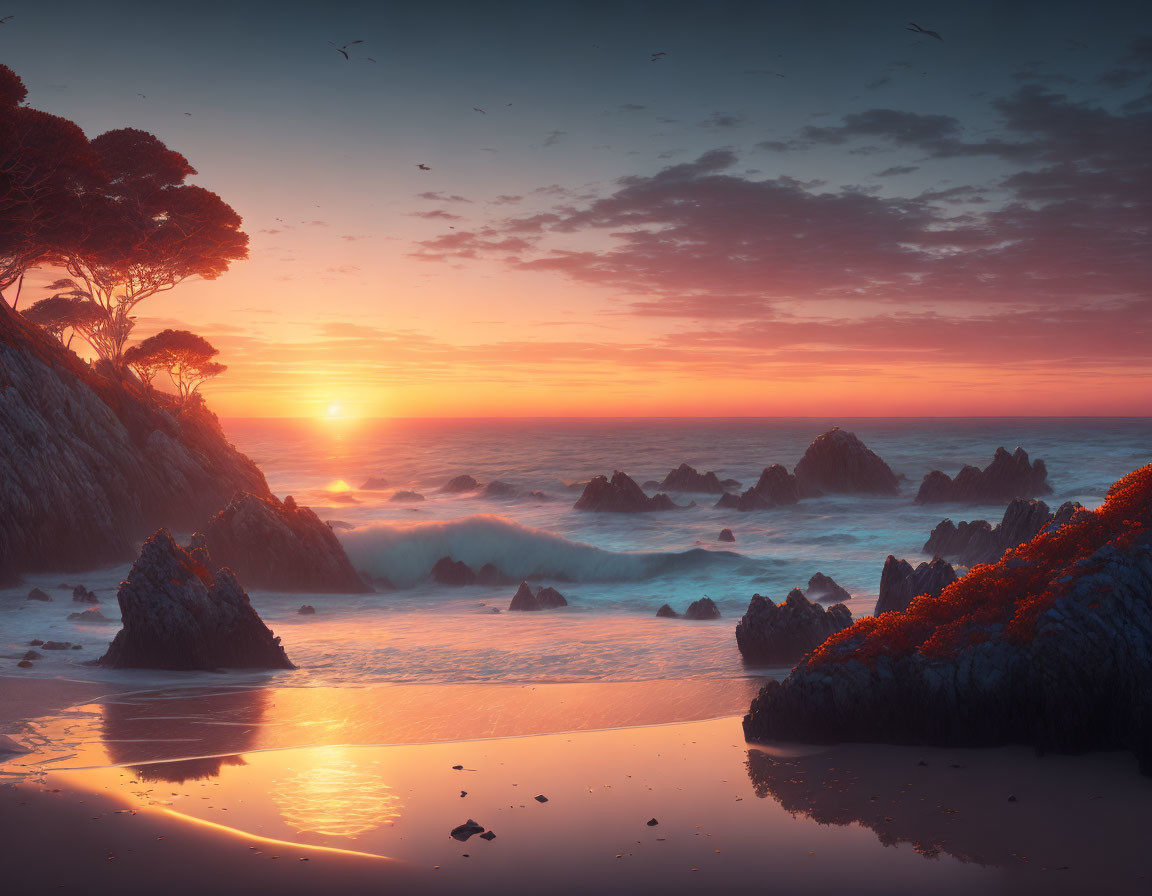 Tranquil beach sunset with orange skies, crashing waves, birds, and cliff trees.