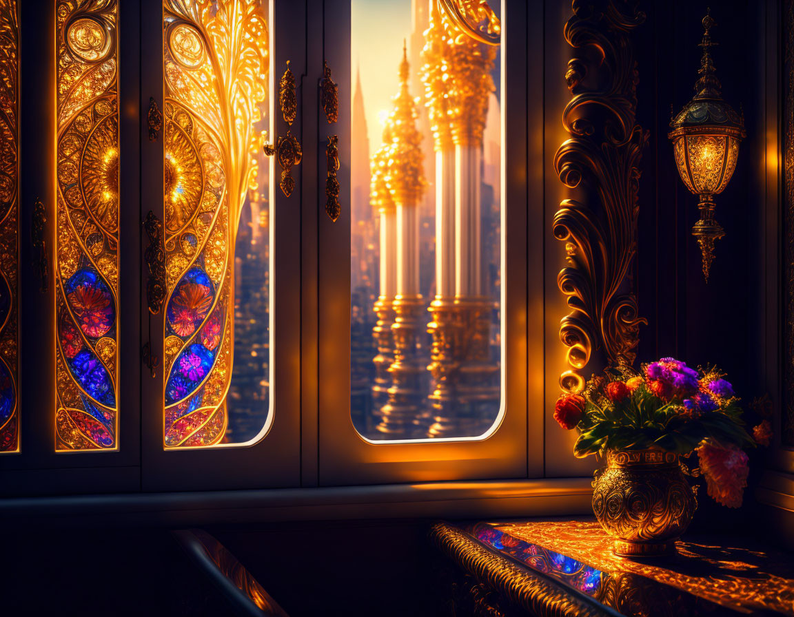 Opulent Room with Stained Glass Windows and Golden Temple View