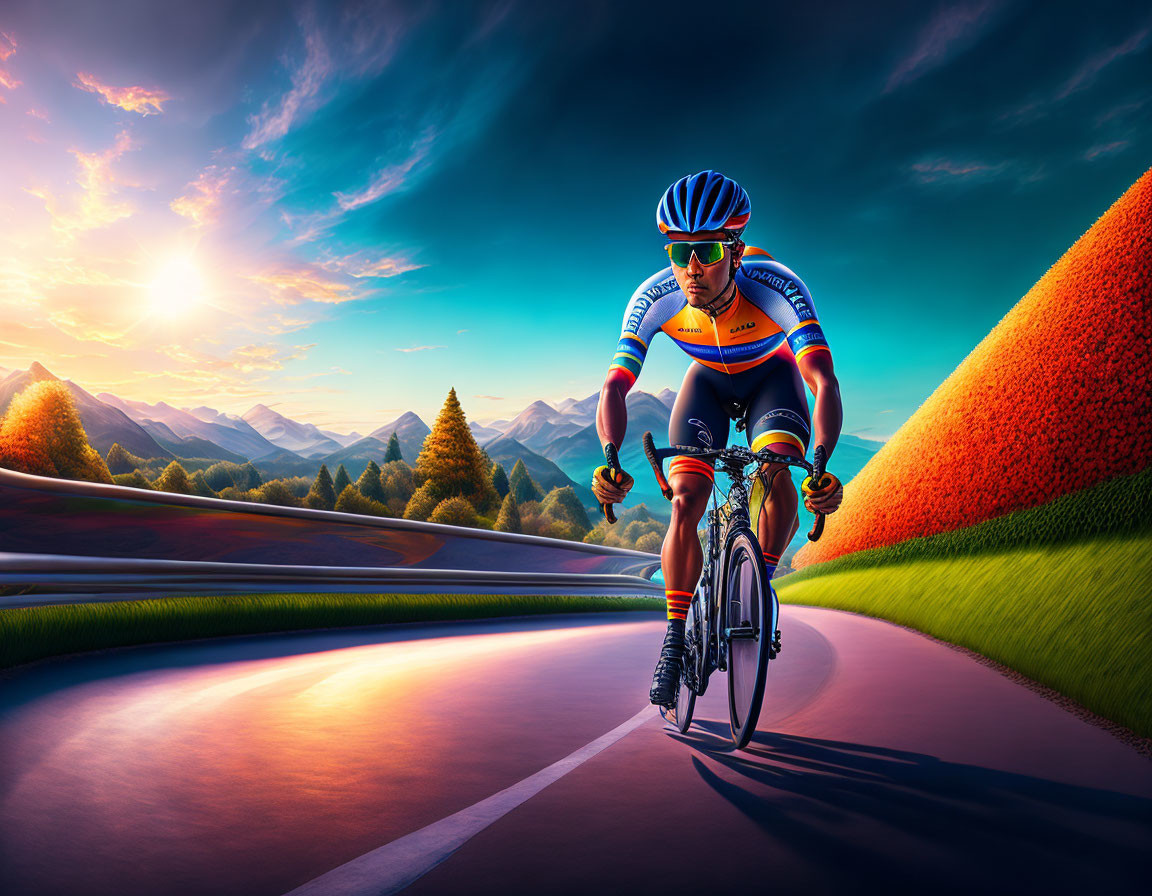 Colorful cyclist rides winding road through vibrant hills at sunset