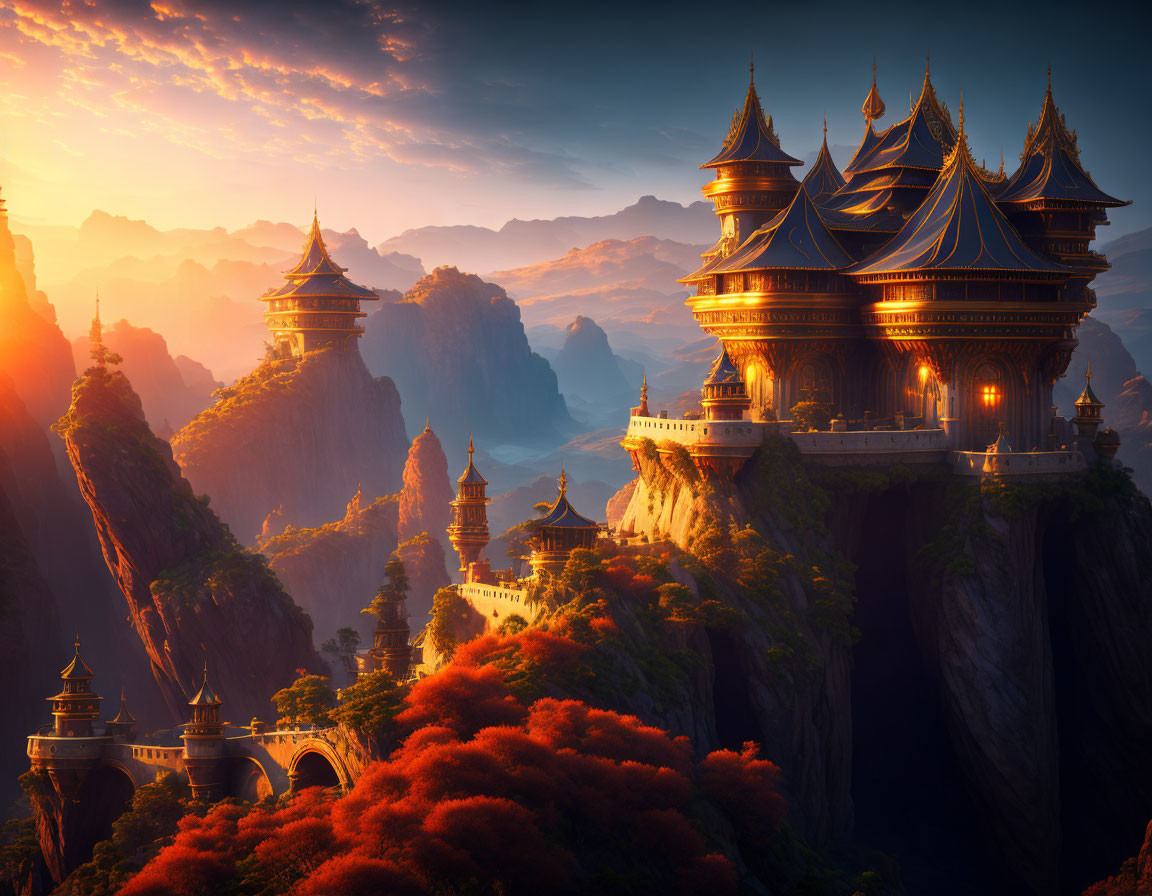 Asian-style Palaces on Cliff Tops Amid Autumn Trees at Sunset