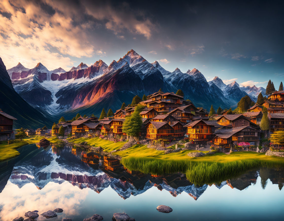 Scenic Alpine village with wooden chalets by still lake at sunset