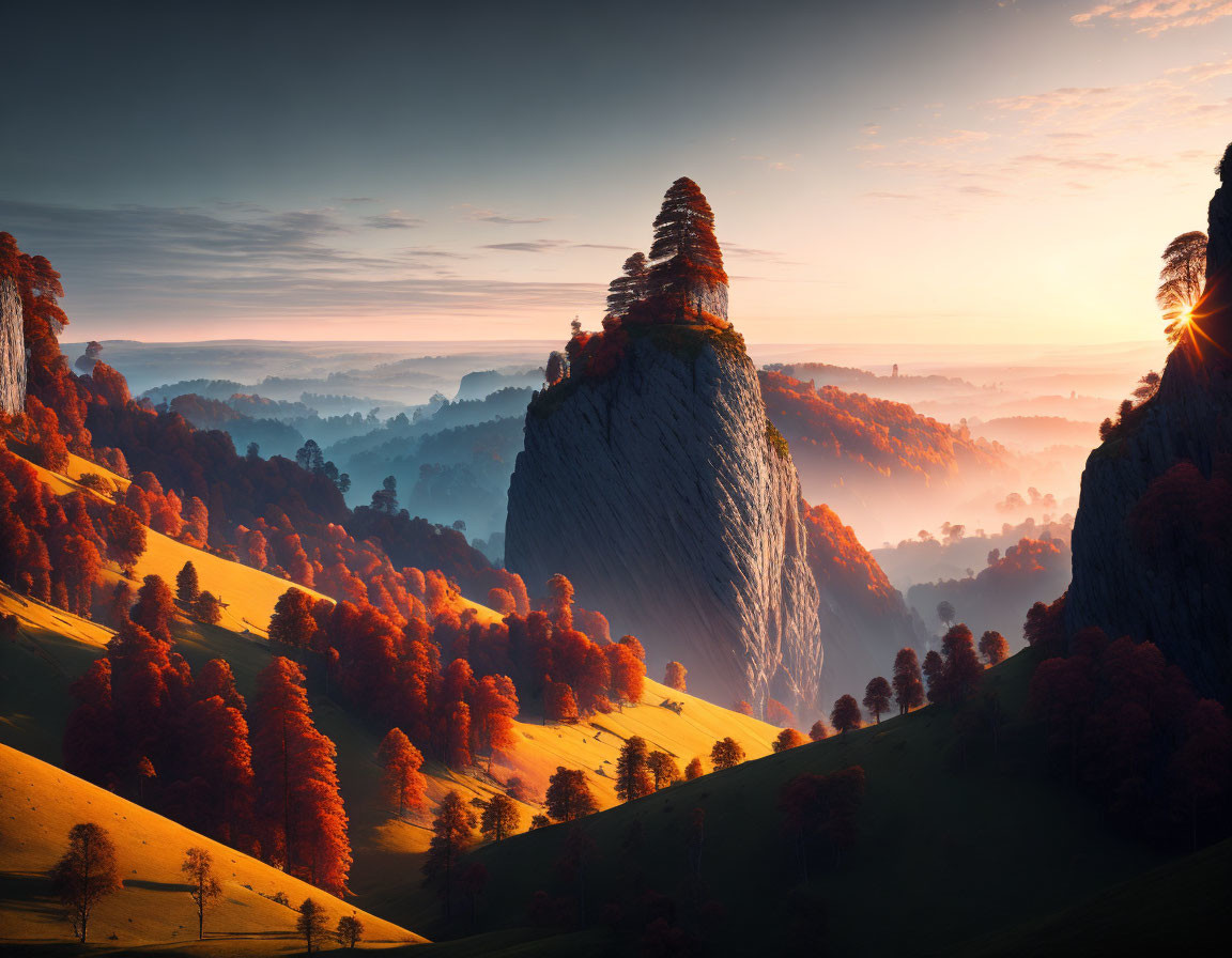 Vibrant autumn trees and rocky peaks in sunrise landscape