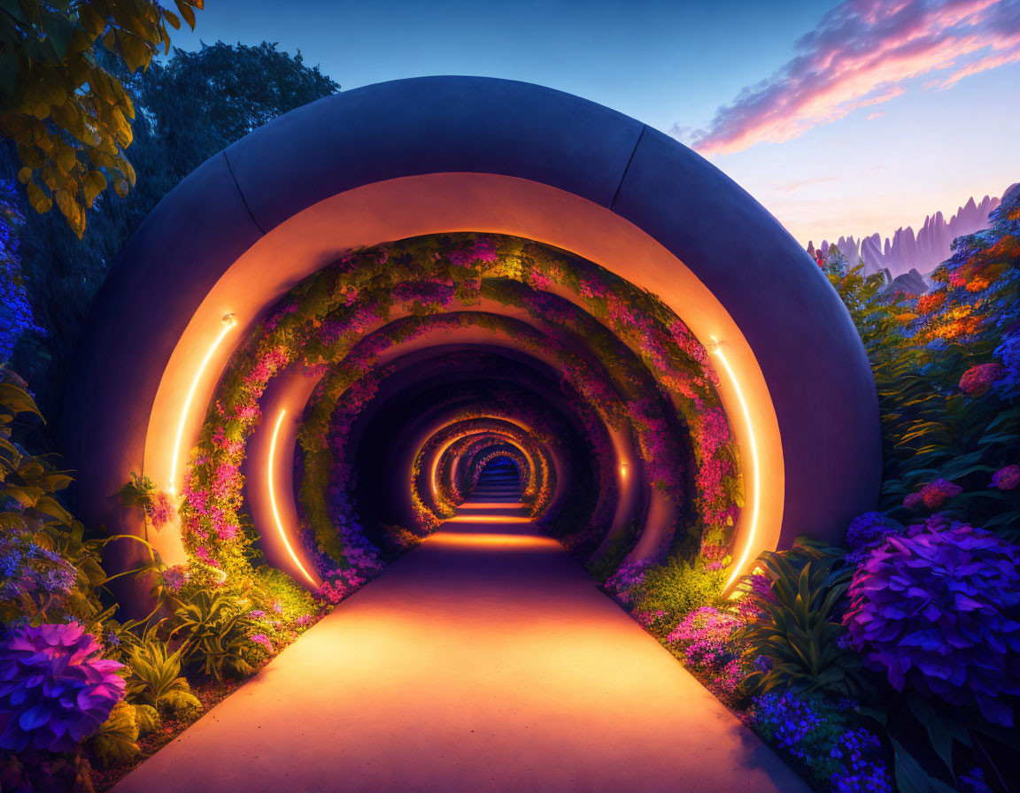 Colorful illuminated arches over vibrant garden pathway at twilight