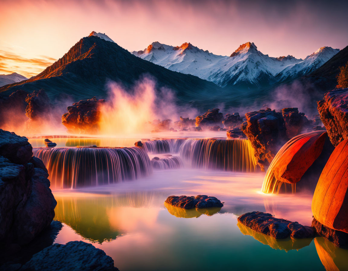 Snow-capped mountains, hot springs, and orange rock formations at sunset