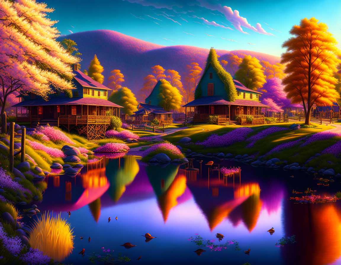 Vibrant autumn landscape with colorful trees, cozy cottages, and serene lake