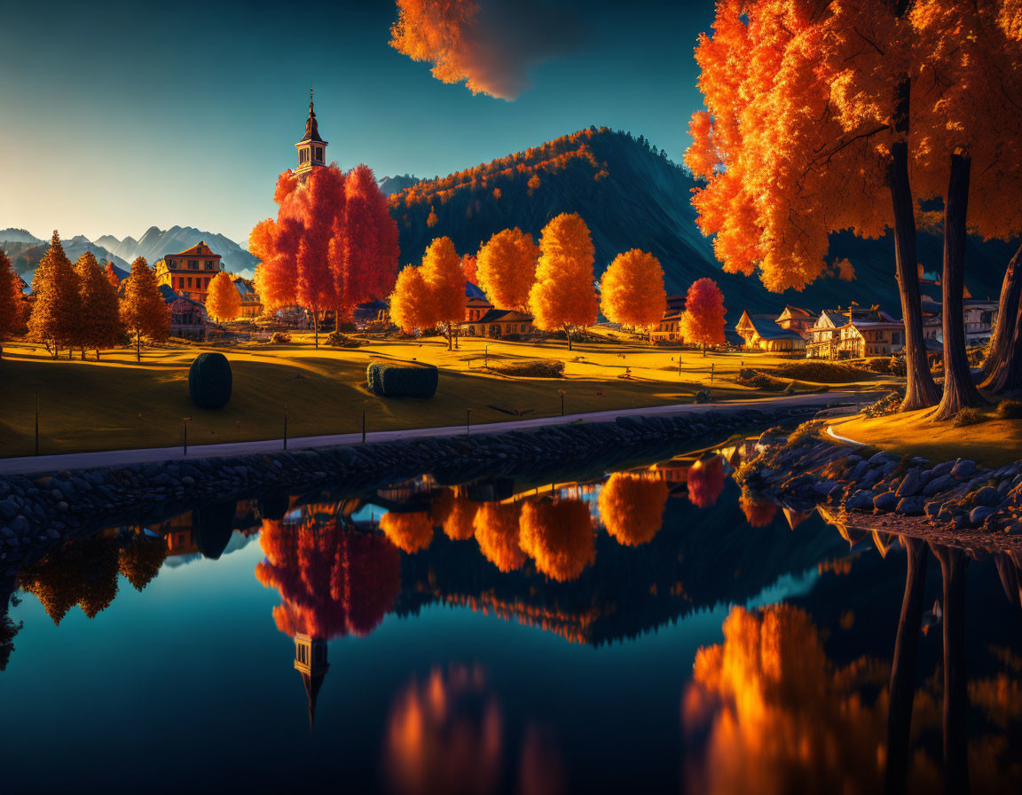 Vibrant autumnal landscape with orange trees, village, and mountains at dawn or dusk