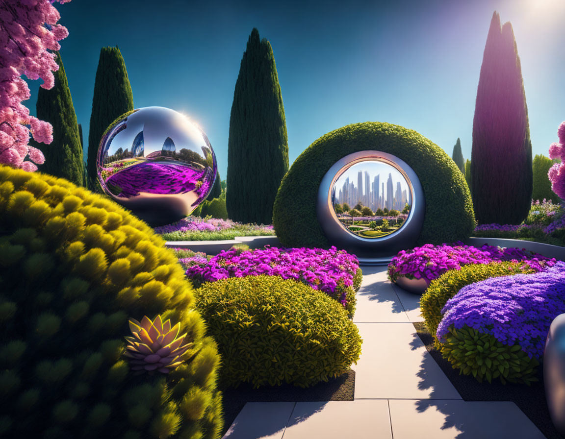 Lush garden with pink and purple flowers, trimmed hedges, reflective spheres, and city skyline view