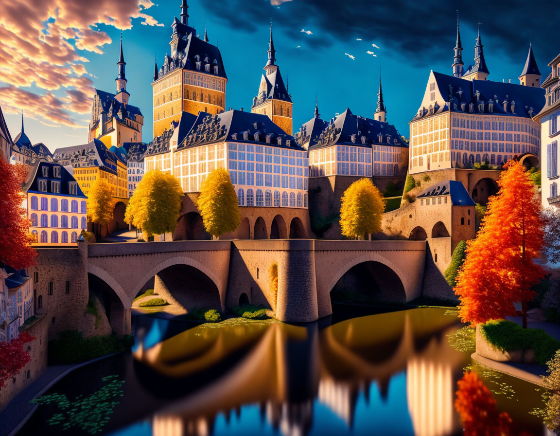 Castle with Multiple Spires Reflects in Water at Dusk