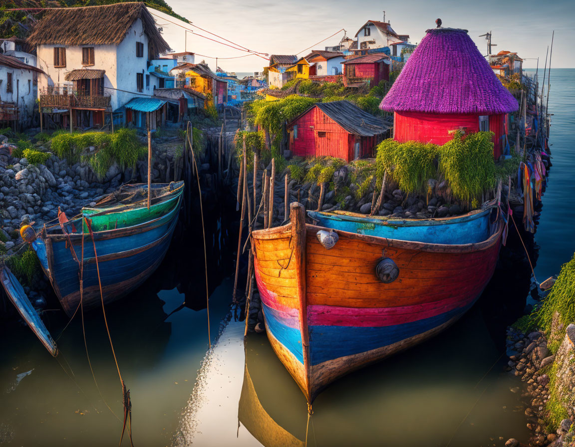 Vibrant wooden boats in calm water by rustic village with stilt houses and pink thatched hut