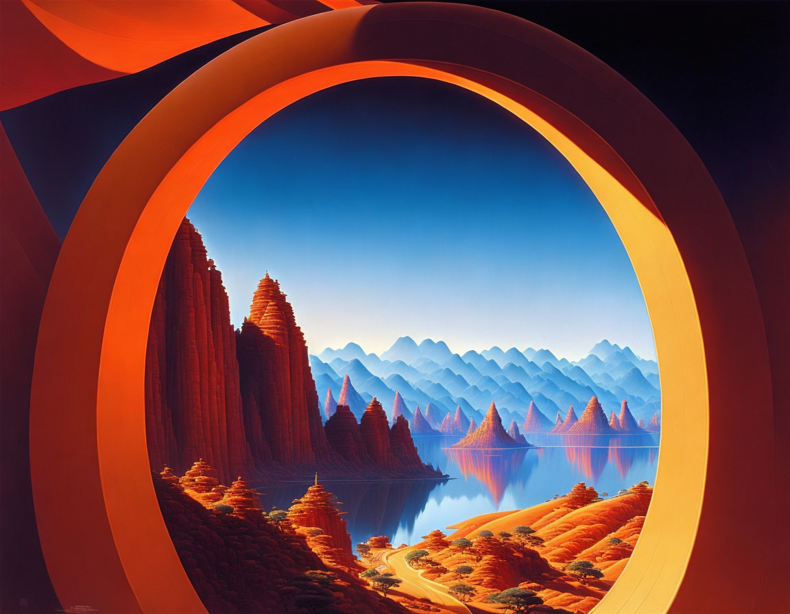 Orange Swirling Arches in Abstract Landscape Painting