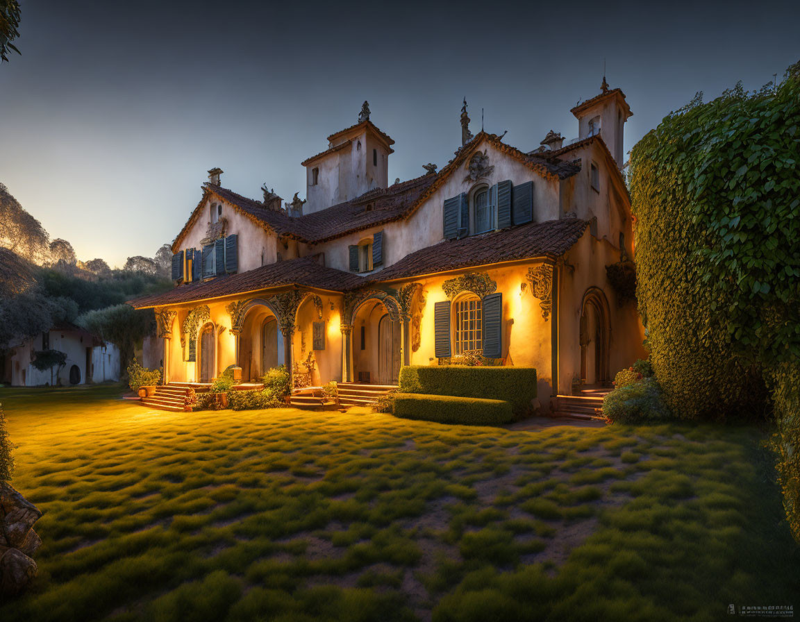 Vine-Covered Estate at Dusk in Lush Garden Setting