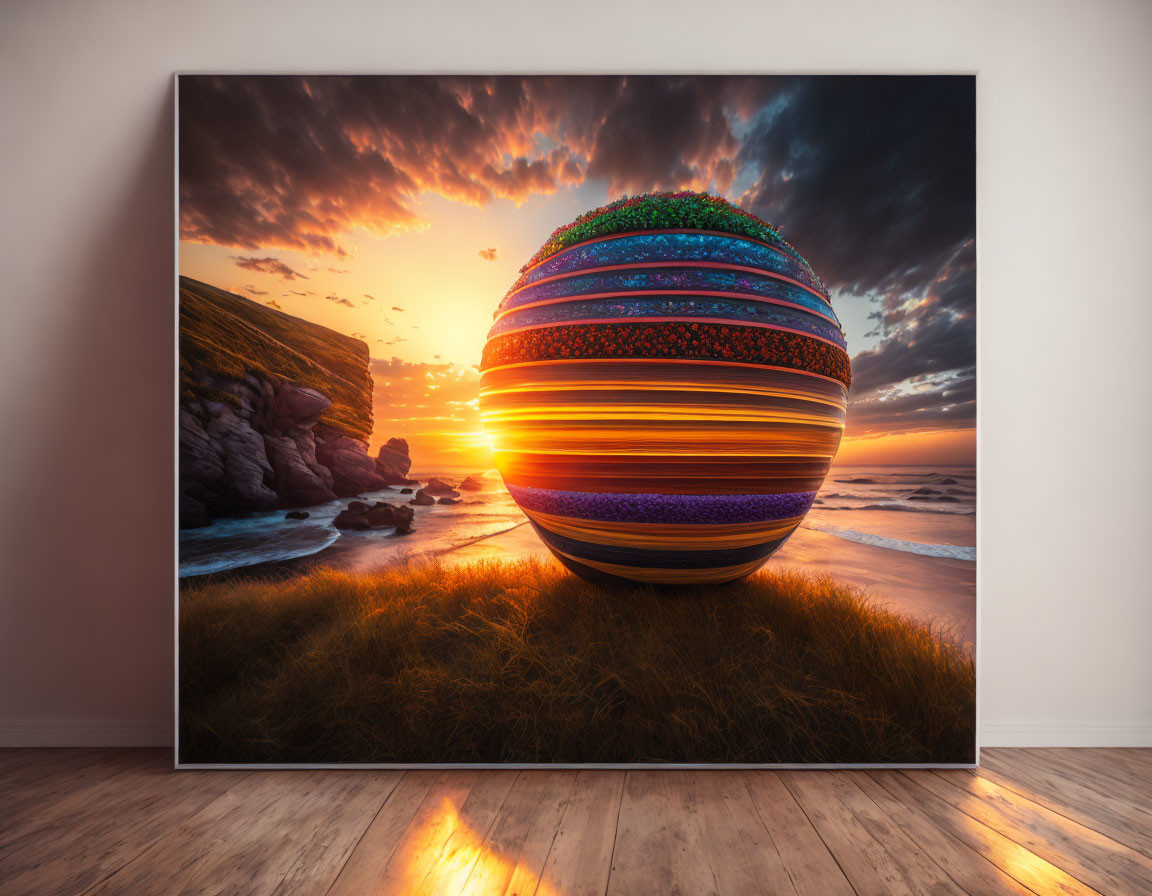 Surreal artwork: Layered sphere on vibrant sunset backdrop