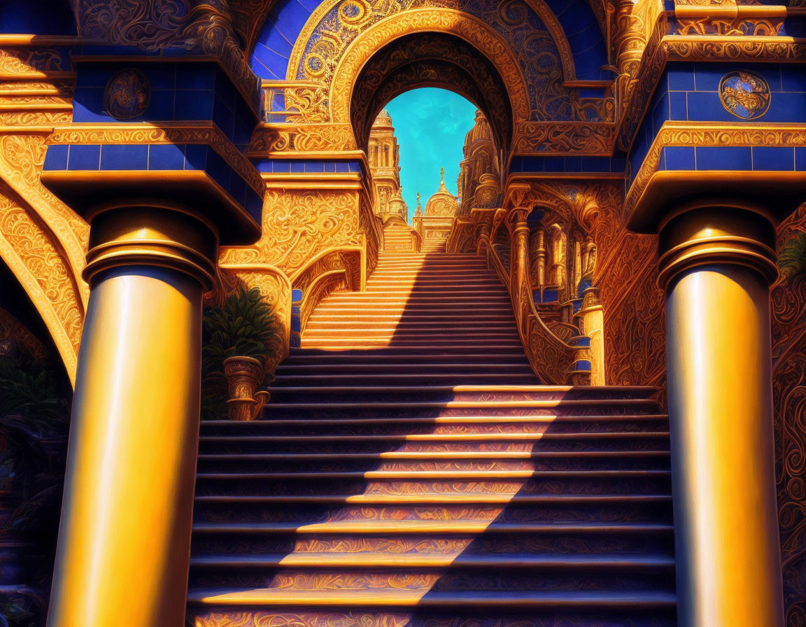 Elaborate Golden Staircase and Pillars with Archway View