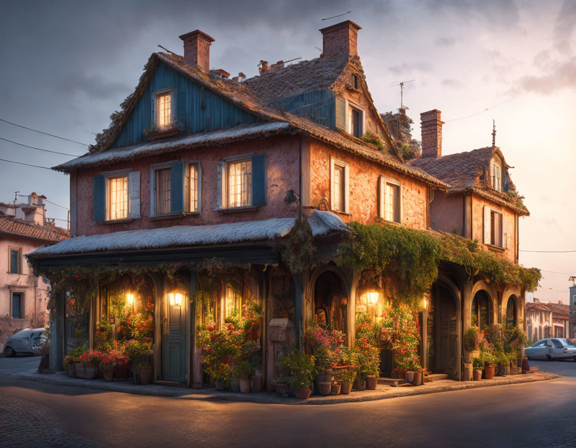 Vintage two-story house with ivy, blue shutters, and glowing windows at twilight