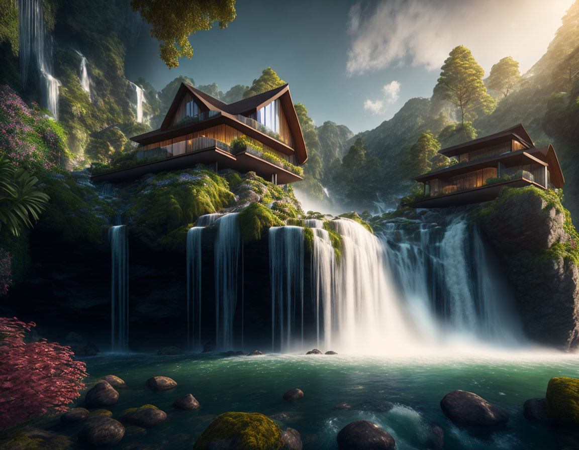 Surreal landscape featuring modern cabins on waterfalls in lush greenery