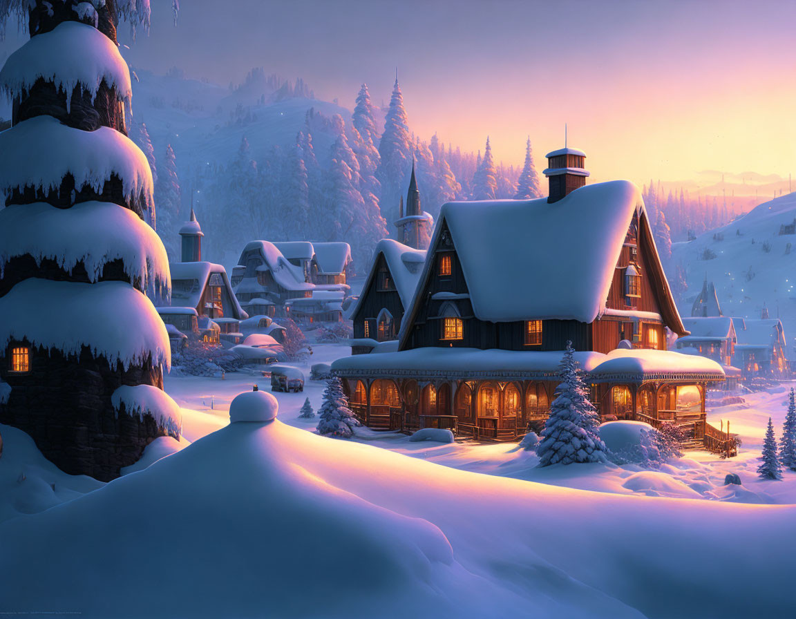 Winter Dusk Scene: Snow-Covered Houses in Tranquil Landscape