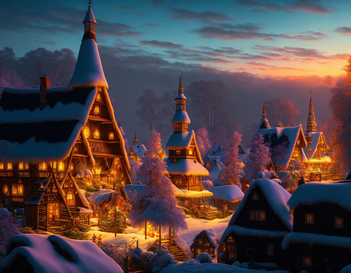 Winter Village Night Scene: Snowy Houses & Twilight Sky