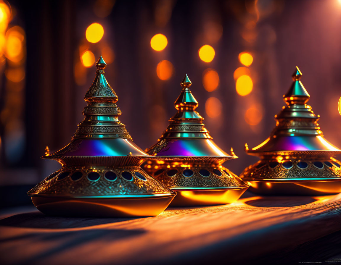 Intricate Metallic Lanterns with Traditional Patterns on Bokeh Light Background