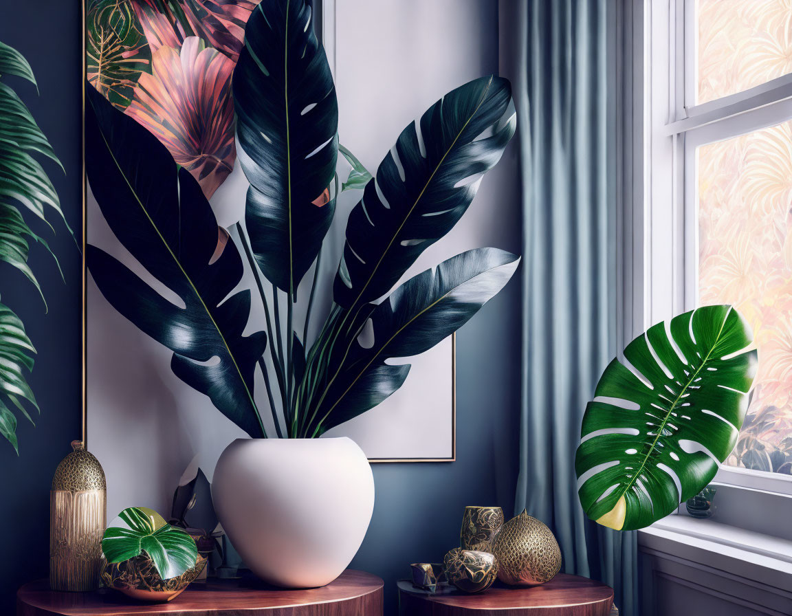 Lush green potted plant on wooden table with golden decor by window