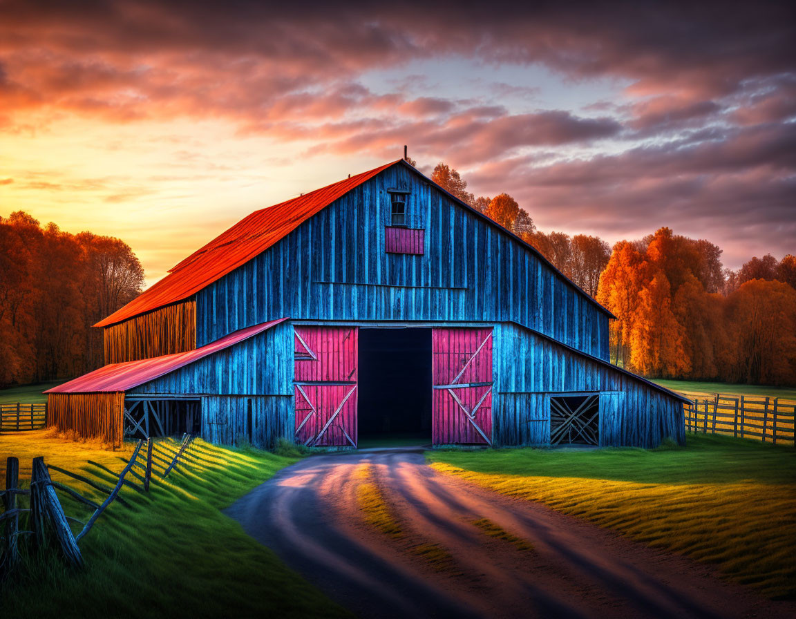 Rustic blue barn with red doors in autumnal setting