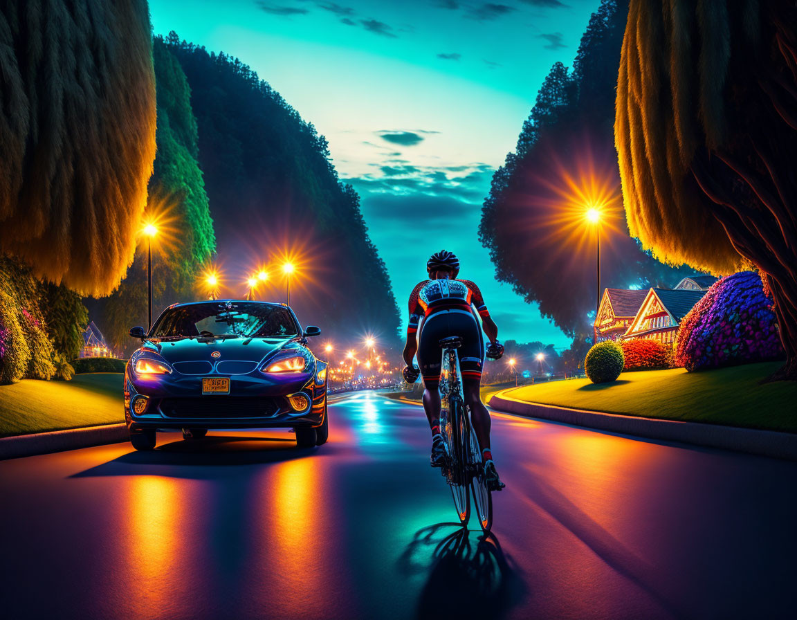 Cyclist in sport attire rides at night on tree-lined road with car following under twilight sky.