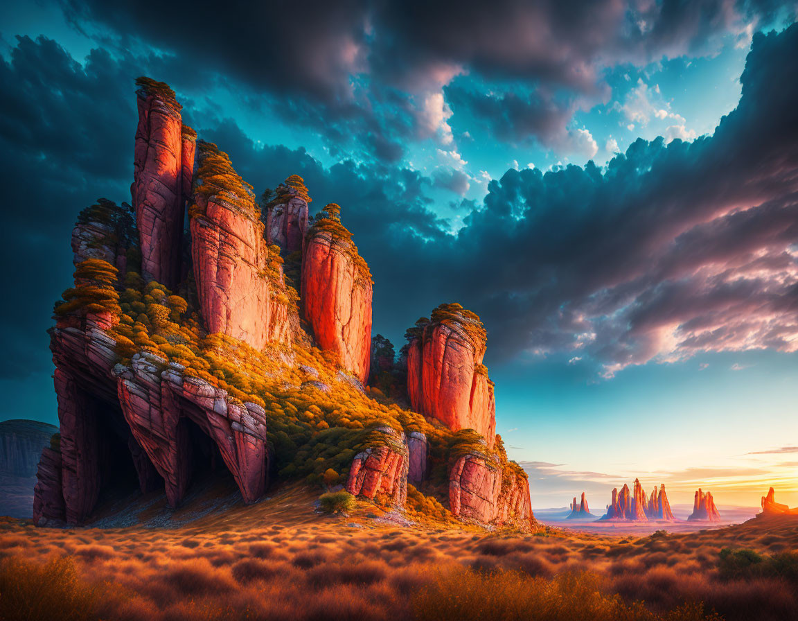 Dramatic red rock formation at sunset with lush greenery and dynamic sky