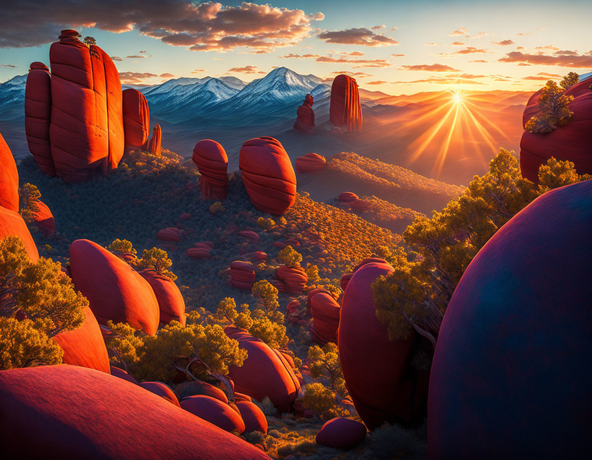 Vibrant sunset over red rock mountain landscape