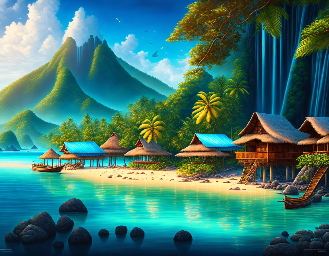 Serene Beach with Palm Trees, Waterfalls, and Mountainous Backdrop