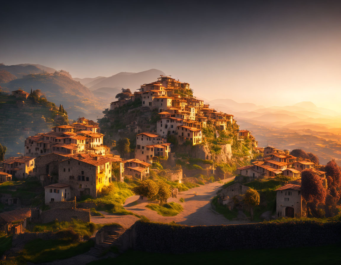 Traditional Hilltop Village in Warm Sunlight Amidst Rolling Hills